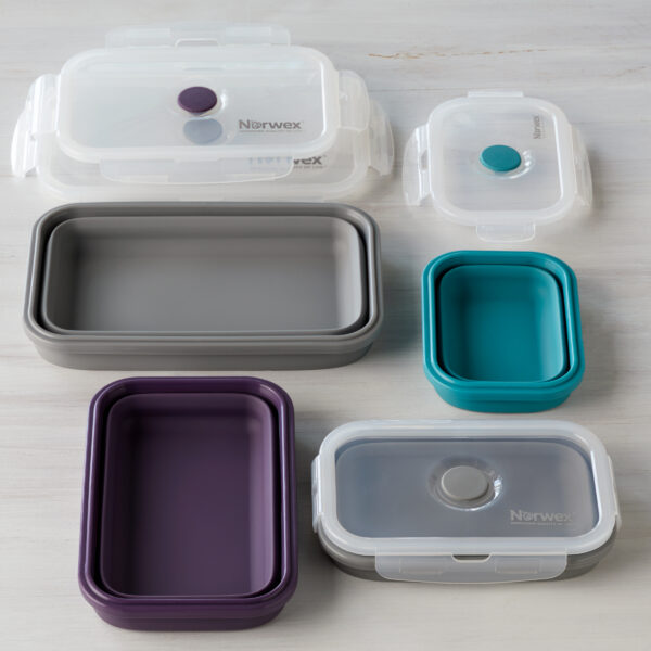 7c478b6aebb727b23076776c145583e9fa294471.jpg Norwex Silicone Food Storage Containers Set (set of 4) - teal/graphite/eggplant/graphite