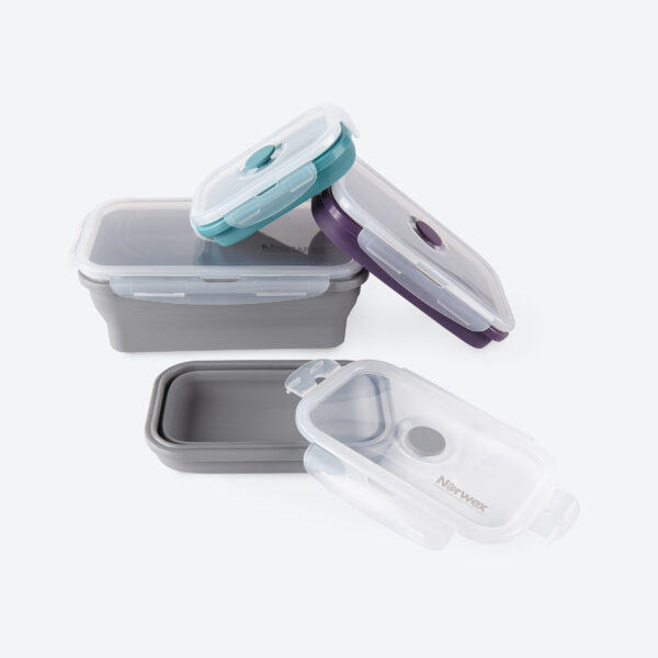 bd624f9525b3a694a0904ab35fe2067689c91ea5.jpg Norwex Silicone Food Storage Containers Set (set of 4) - teal/graphite/eggplant/graphite